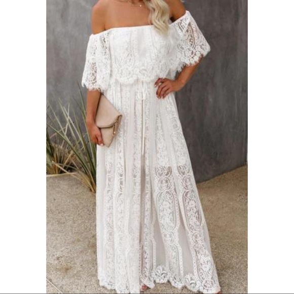 White Off The Shoulder Lace Maxi Dress - Picture 4 of 7